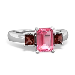 Lab Pink Sapphire Three Stone Emerald-Cut Trellis 14K White Gold ring R4021