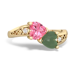 Lab Pink Sapphire Snuggling Hearts 14K Yellow Gold ring R2178