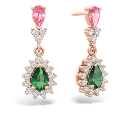 Lab Pink Sapphire Halo Pear Dangle 14K Rose Gold earrings E1882