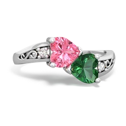 Lab Pink Sapphire Snuggling Hearts 14K White Gold ring R2178