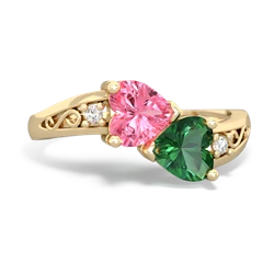 Lab Pink Sapphire Snuggling Hearts 14K Yellow Gold ring R2178