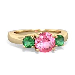 Lab Pink Sapphire Three Stone Round Trellis 14K Yellow Gold ring R4018