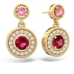 Lab Pink Sapphire Halo Dangle 14K Yellow Gold earrings E5319