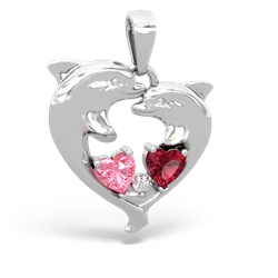 Lab Pink Sapphire Dolphin Heart 14K White Gold pendant P5820