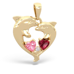 Lab Pink Sapphire Dolphin Heart 14K Yellow Gold pendant P5820