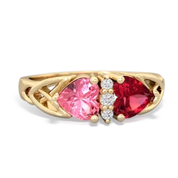 Lab Pink Sapphire Celtic Knot Double Heart 14K Yellow Gold ring R5040