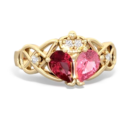 Lab Pink Sapphire 'One Heart' Celtic Knot Claddagh 14K Yellow Gold ring R5322