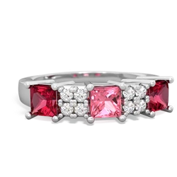 Lab Pink Sapphire Three Stone Diamond Cluster 14K White Gold ring R2592