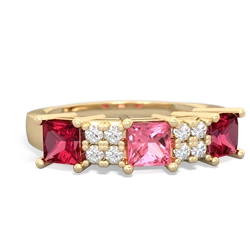 Lab Pink Sapphire Three Stone Diamond Cluster 14K Yellow Gold ring R2592