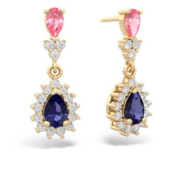 Lab Pink Sapphire Halo Pear Dangle 14K Yellow Gold earrings E1882