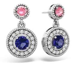 Lab Pink Sapphire Halo Dangle 14K White Gold earrings E5319