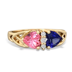 Lab Pink Sapphire Celtic Knot Double Heart 14K Yellow Gold ring R5040