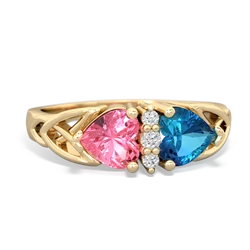 Lab Pink Sapphire Celtic Knot Double Heart 14K Yellow Gold ring R5040