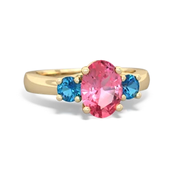 Lab Pink Sapphire Three Stone Oval Trellis 14K Yellow Gold ring R4024