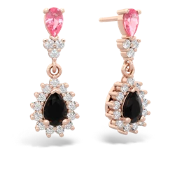 Lab Pink Sapphire Halo Pear Dangle 14K Rose Gold earrings E1882