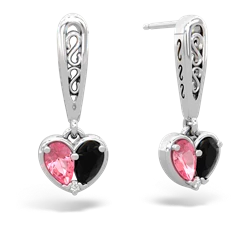 Lab Pink Sapphire Filligree Heart 14K White Gold earrings E5070