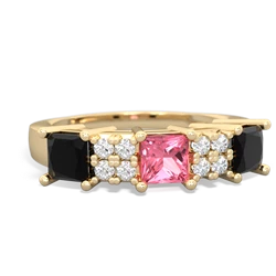 Lab Pink Sapphire Three Stone Diamond Cluster 14K Yellow Gold ring R2592