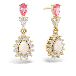 Lab Pink Sapphire Halo Pear Dangle 14K Yellow Gold earrings E1882