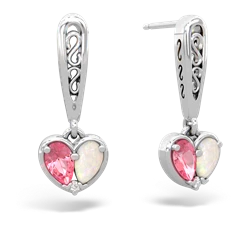 Lab Pink Sapphire Filligree Heart 14K White Gold earrings E5070