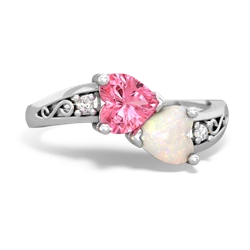 Lab Pink Sapphire Snuggling Hearts 14K White Gold ring R2178