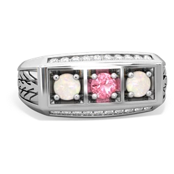 Lab Pink Sapphire Three Stone Tire Tread Men's 14K White Gold ring R0520