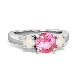 Lab Pink Sapphire Three Stone Round Trellis 14K White Gold ring R4018