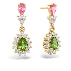 Lab Pink Sapphire Halo Pear Dangle 14K Yellow Gold earrings E1882