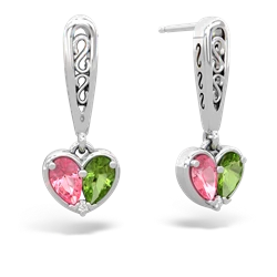 Lab Pink Sapphire Filligree Heart 14K White Gold earrings E5070