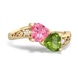 Lab Pink Sapphire Snuggling Hearts 14K Yellow Gold ring R2178