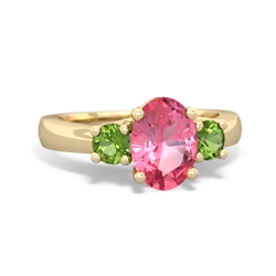 Lab Pink Sapphire Three Stone Oval Trellis 14K Yellow Gold ring R4024