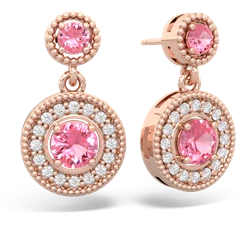 Lab Pink Sapphire Halo Dangle 14K Rose Gold earrings E5319