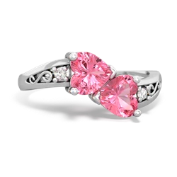 Lab Pink Sapphire Snuggling Hearts 14K White Gold ring R2178