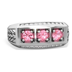 Lab Pink Sapphire Three Stone Tire Tread Men's 14K White Gold ring R0520