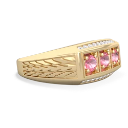 Pink Tourmaline Three Stone Tire Tread Men's 14K Yellow Gold ring R0520