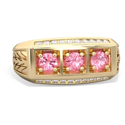 Pink Tourmaline Three Stone Tire Tread Men's 14K Yellow Gold ring R0520