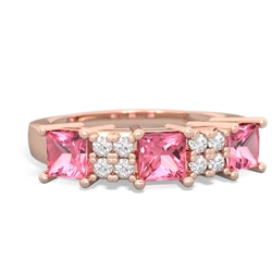 Lab Pink Sapphire Three Stone Diamond Cluster 14K Rose Gold ring R2592