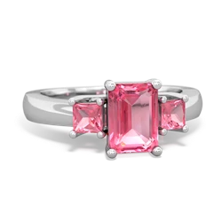 Lab Pink Sapphire Three Stone Emerald-Cut Trellis 14K White Gold ring R4021