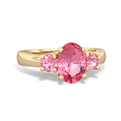 Lab Pink Sapphire Three Stone Oval Trellis 14K Yellow Gold ring R4024