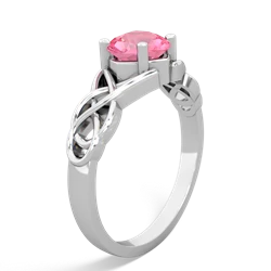 Lab Pink Sapphire Checkerboard Cushion Celtic Knot 14K White Gold ring R5000