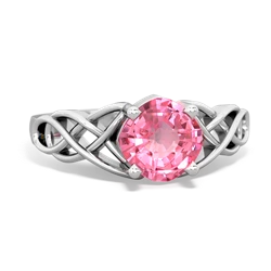 Lab Pink Sapphire Checkerboard Cushion Celtic Knot 14K White Gold ring R5000