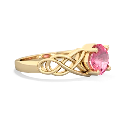 Lab Pink Sapphire Checkerboard Cushion Celtic Knot 14K Yellow Gold ring R5000
