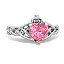 Lab Pink Sapphire Claddagh Celtic Knot Diamond 14K White Gold ring R5001