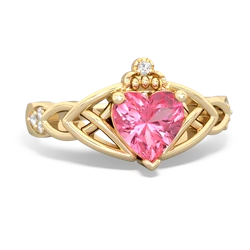 Lab Pink Sapphire Claddagh Celtic Knot Diamond 14K Yellow Gold ring R5001