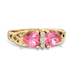 Lab Pink Sapphire Celtic Knot Double Heart 14K Yellow Gold ring R5040