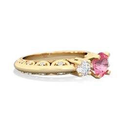 Lab Pink Sapphire Art Deco Diamond 6Mm Round Engagment 14K Yellow Gold ring R2003