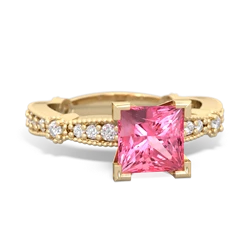 Lab Pink Sapphire Sparkling Tiara 6Mm Princess 14K Yellow Gold ring R26296SQ