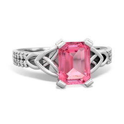 Lab Pink Sapphire Celtic Knot 8X6 Emerald-Cut Engagement 14K White Gold ring R26448EM