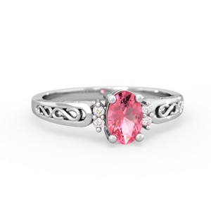 Lab Pink Sapphire Filligree Scroll Oval 14K White Gold ring R0812