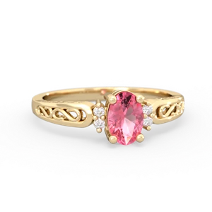 Lab Pink Sapphire Filligree Scroll Oval 14K Yellow Gold ring R0812