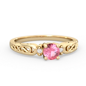 Lab Pink Sapphire Filligree Scroll Round 14K Yellow Gold ring R0829